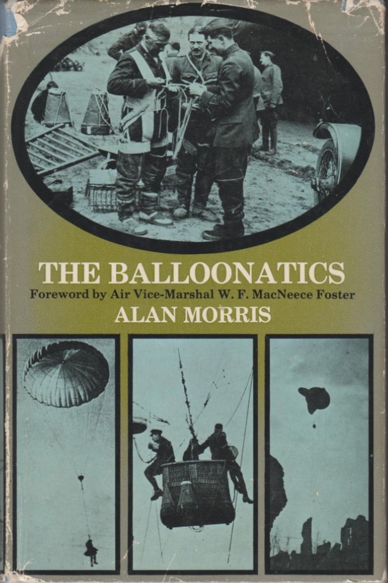 Book cover showing 4 images of WW1 kite balloon activity - soldier being fitted with a harness, a one-man balloon, 2 soldiers preparing to drop from a basket and a barrage balloon.